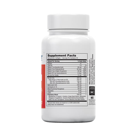 A white EyePromise bottle displays Supplement Facts, listing essential vitamins, minerals, and a retinal health blend. It features the EyePromise DVS eye vitamin info, designed for diabetic retinopathy support and easy readability. Contains 60 capsules.