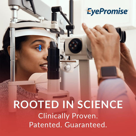 An optometrist uses specialized equipment for an eye exam. The image shows EyePromise DVS Eye Vitamin at the top and Rooted in Science. Clinically Proven. Patented. Guaranteed for Retinal Health. at the bottom, supporting retinal health in diabetic retinopathy patients.