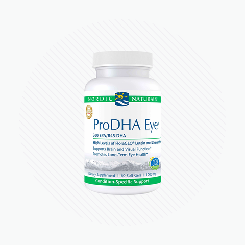 An image of a white bottle labeled Nordic Naturals ProDHA Eye – Advanced Omega-3 with Lutein & Zeaxanthin, available in 60 or 120 soft gels. The label highlights its benefits for vision, brain function, and long-term eye health.
