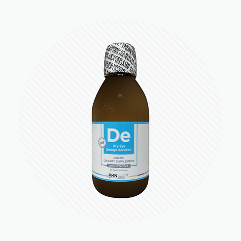 A sealed bottle of PRN Dry Eye Omega Benefits® Liquid, by PRN - Physician Recommended Nutriceuticals, is shown with a blue and white label featuring product details. This supplement, made from Re-esterified Triglyceride Fish Oil, provides effective dry eye relief on a softly lined background.