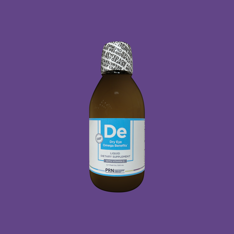 The PRN Dry Eye Omega Benefits® Liquid, available in 1.3 and 2-month sizes, showcases its Omega Liquid Dietary Supplement against a purple backdrop. Its white and blue label pairs with a black-and-white sealed cap, offering effective Dry Eye Relief from PRN - Physician Recommended Nutriceuticals.