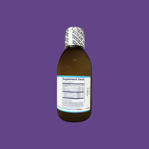 A brown bottle labeled Supplement Facts, possibly containing PRN Dry Eye Omega Benefits® Liquid by PRN - Physician Recommended Nutriceuticals, sits against a purple background. It has a safety-sealed cap, securing its re-esterified triglyceride fish oil for potential Dry Eye Relief.