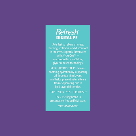 A digital ad on a purple background for Refresh Digital Preservative Free by Abbvie highlights fast-acting relief from dryness, burning, and irritation due to digital eye strain. It promotes tear retention using Preservative-Free HydroCell technology and includes brand and website info.