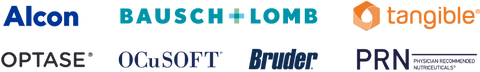 Logos of seven companies: Alcon, Bausch + Lomb, Tangible, Optase, Ocusoft, Bruder, and PRN shown in two rows. Theyre related to eye care and health products.