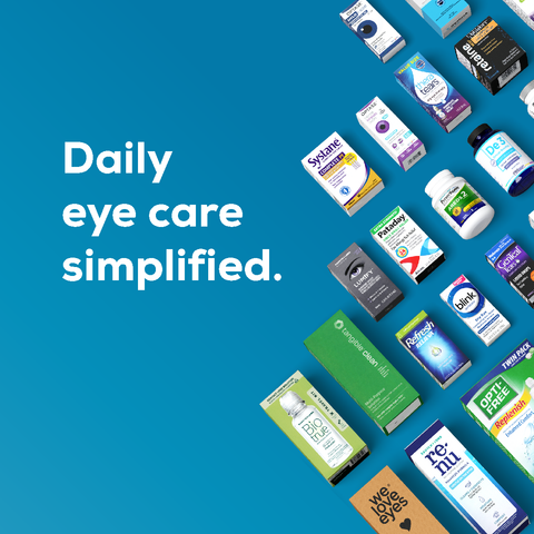 A variety of eye care products, including supplements, eye drops, and wipes, are neatly arranged on a blue background next to the text Daily eye care simplified.