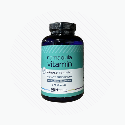 The PRN nūmaqula Vitamin, an AREDS2-based formula with enhancements for advanced macular support, offers 270 caplets. Featuring lutein and zeaxanthin, it comes in a dark bottle with a teal and white label and black cap—ideal for eye care enthusiasts.