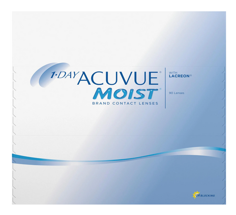 The 1-Day Acuvue Moist (90 Pack) Contact Lenses by Acuvue come in a white box with blue text and logo, highlighting LACREON technology. They include UV protection for daily use, and the design is elegantly enhanced with subtle blue wavy lines.
