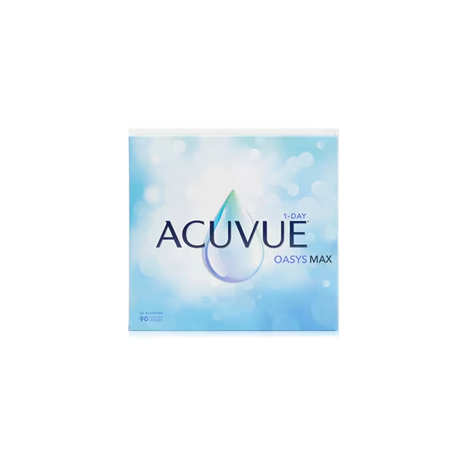 The image displays a box of Acuvue Oasys Max 1-Day (90 pack) contact lenses by Acuvue, featuring TearStable Technology. The front has a blue and white design with bokeh effects, highlighting the brand name prominently.