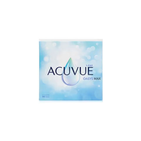 The image displays a box of Acuvue Oasys Max 1-Day (90 pack) contact lenses by Acuvue, featuring TearStable Technology. The front has a blue and white design with bokeh effects, highlighting the brand name prominently.
