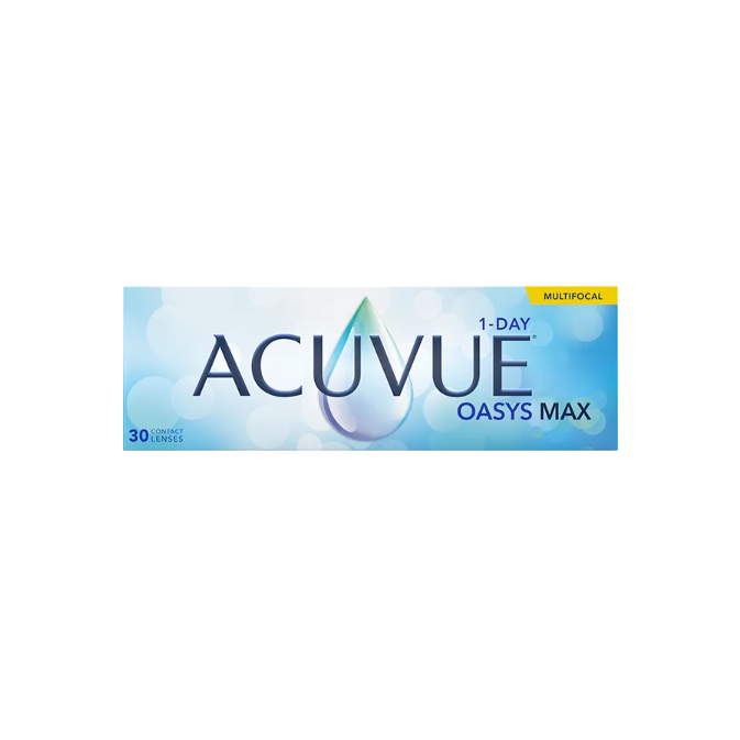 Image of an Acuvue Oasys Max 1-Day Multifocal (30 pack) contact lenses box, featuring a blue droplet graphic, Multifocal label in the top right corner, and a blue gradient background. These lenses utilize a pupil-optimized design for improved vision clarity.