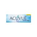 Image of an Acuvue Oasys Max 1-Day Multifocal (30 pack) contact lenses box, featuring a blue droplet graphic, Multifocal label in the top right corner, and a blue gradient background. These lenses utilize a pupil-optimized design for improved vision clarity.