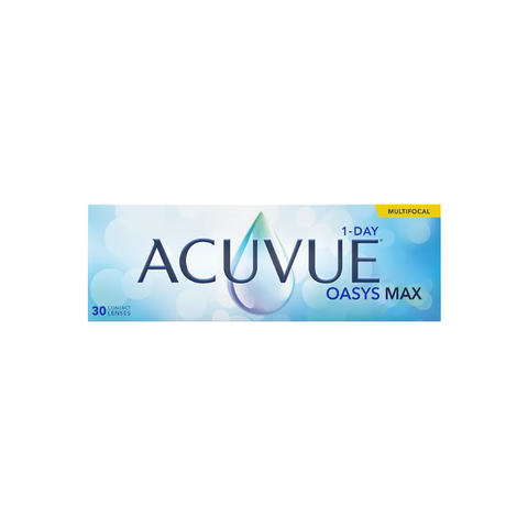Image of an Acuvue Oasys Max 1-Day Multifocal (30 pack) contact lenses box, featuring a blue droplet graphic, Multifocal label in the top right corner, and a blue gradient background. These lenses utilize a pupil-optimized design for improved vision clarity.