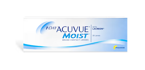 The Acuvue 1-Day Moist (30 Pack) features daily disposable lenses with LACREON technology and UV protection. The box is white with blue accents and contains 30 lenses.
