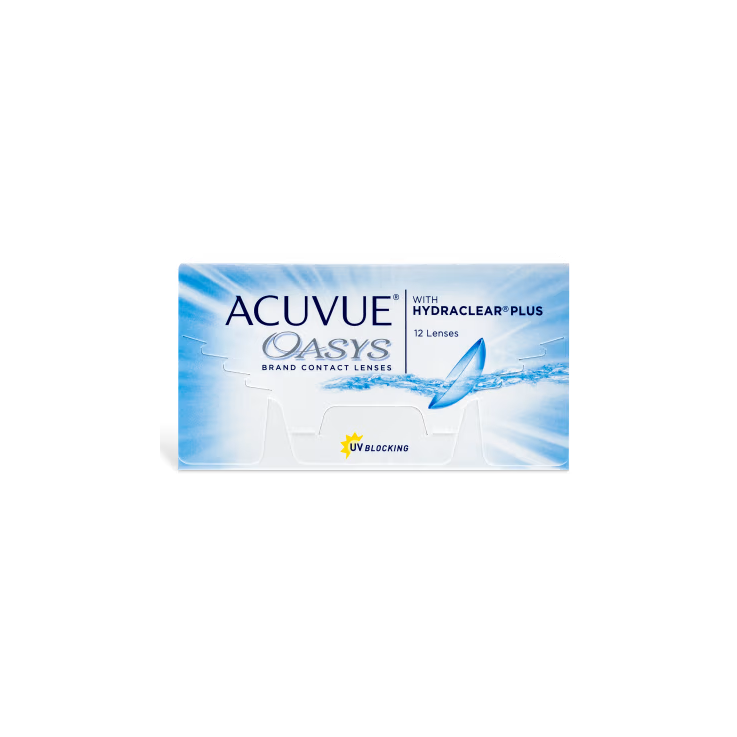 A 12-pack of Acuvue Oasys contact lenses from the Acuvue brand features HYDRACLEAR® PLUS Technology and UV protection in sleek blue and white packaging.