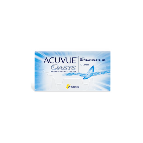 A 12-pack of Acuvue Oasys contact lenses from the Acuvue brand features HYDRACLEAR® PLUS Technology and UV protection in sleek blue and white packaging.