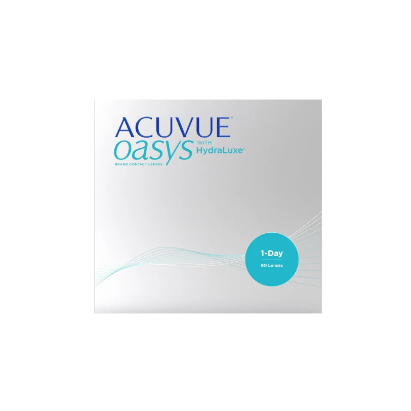 The sleek box of Acuvue Oasys 1-Day (90 Pack) displays ACUVUE OASYS with HydraLuxe in blue and teal, designed for dry eye relief. Enjoy fresh lenses daily with these 1-Day disposables, featuring an abstract blue wave design at the bottom.