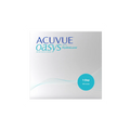 The sleek box of Acuvue Oasys 1-Day (90 Pack) displays ACUVUE OASYS with HydraLuxe in blue and teal, designed for dry eye relief. Enjoy fresh lenses daily with these 1-Day disposables, featuring an abstract blue wave design at the bottom.
