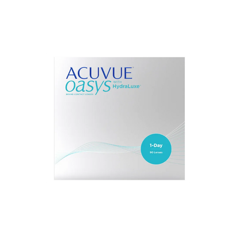 The sleek box of Acuvue Oasys 1-Day (90 Pack) displays ACUVUE OASYS with HydraLuxe in blue and teal, designed for dry eye relief. Enjoy fresh lenses daily with these 1-Day disposables, featuring an abstract blue wave design at the bottom.