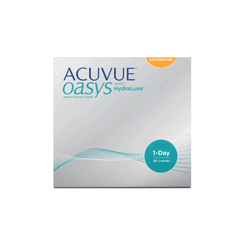 Box of Acuvue Oasys 1-Day for Astigmatism (90-pack) features HydraLuxe™ Technology and BLINK STABILIZED® Design in gray packaging with teal and orange accents emphasizing 1-Day comfort and clarity.