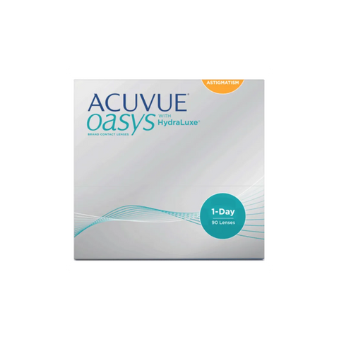 Box of Acuvue Oasys 1-Day for Astigmatism (90-pack) features HydraLuxe™ Technology and BLINK STABILIZED® Design in gray packaging with teal and orange accents emphasizing 1-Day comfort and clarity.