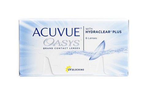 The Acuvue Oasys 6 Pack features HYDRACLEAR PLUS Technology with six lenses offering UV Protection. The packaging displays a lens image alongside a blue wave pattern on a sleek white background.