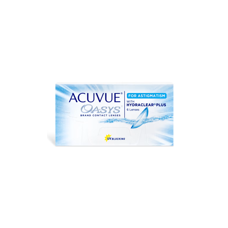 The Acuvue Oasys for Astigmatism lenses by Acuvue feature HYDRACLEAR PLUS Technology for superior comfort. They come in a stylish white box with blue accents and a water splash design, contain six lenses, and offer UV protection.