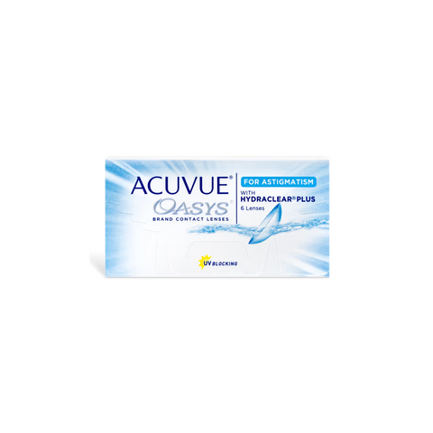 The Acuvue Oasys for Astigmatism lenses by Acuvue feature HYDRACLEAR PLUS Technology for superior comfort. They come in a stylish white box with blue accents and a water splash design, contain six lenses, and offer UV protection.