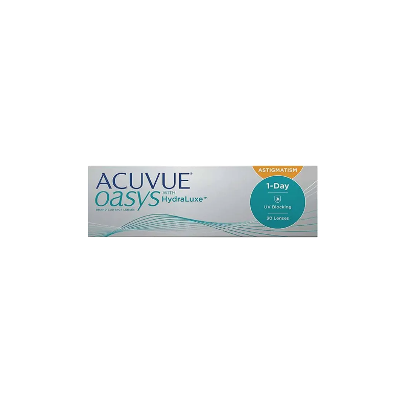 A 30-pack of Acuvue Oasys 1-Day for Astigmatism lenses offers UV blocking and HydraLuxe™ Technology for daily use, providing comfort and clarity. The white box features blue and orange text, designed specifically for those with astigmatism.