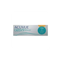 A 30-pack of Acuvue Oasys 1-Day for Astigmatism lenses offers UV blocking and HydraLuxe™ Technology for daily use, providing comfort and clarity. The white box features blue and orange text, designed specifically for those with astigmatism.