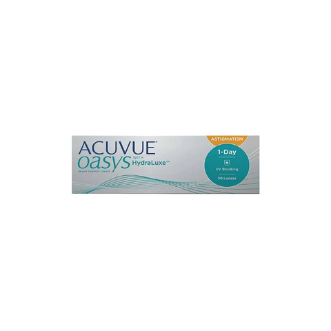 A 30-pack of Acuvue Oasys 1-Day for Astigmatism lenses offers UV blocking and HydraLuxe™ Technology for daily use, providing comfort and clarity. The white box features blue and orange text, designed specifically for those with astigmatism.