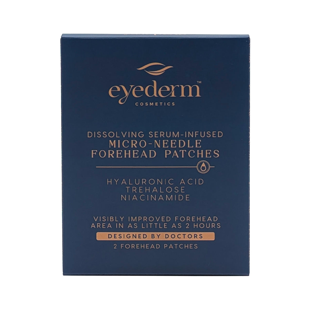 Eyederm cosmetic packaging for dissolving serum-infused micro-needle forehead patches on a white background.