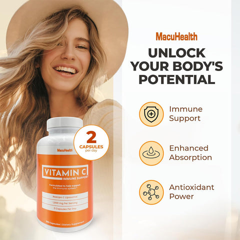 Macuhealth Liposomal Vitamin C 1000MG Per Serving - High Bioavailablity Vitamin with Fat-Soluble Antioxidants and Enhanced Absorption (180ct)