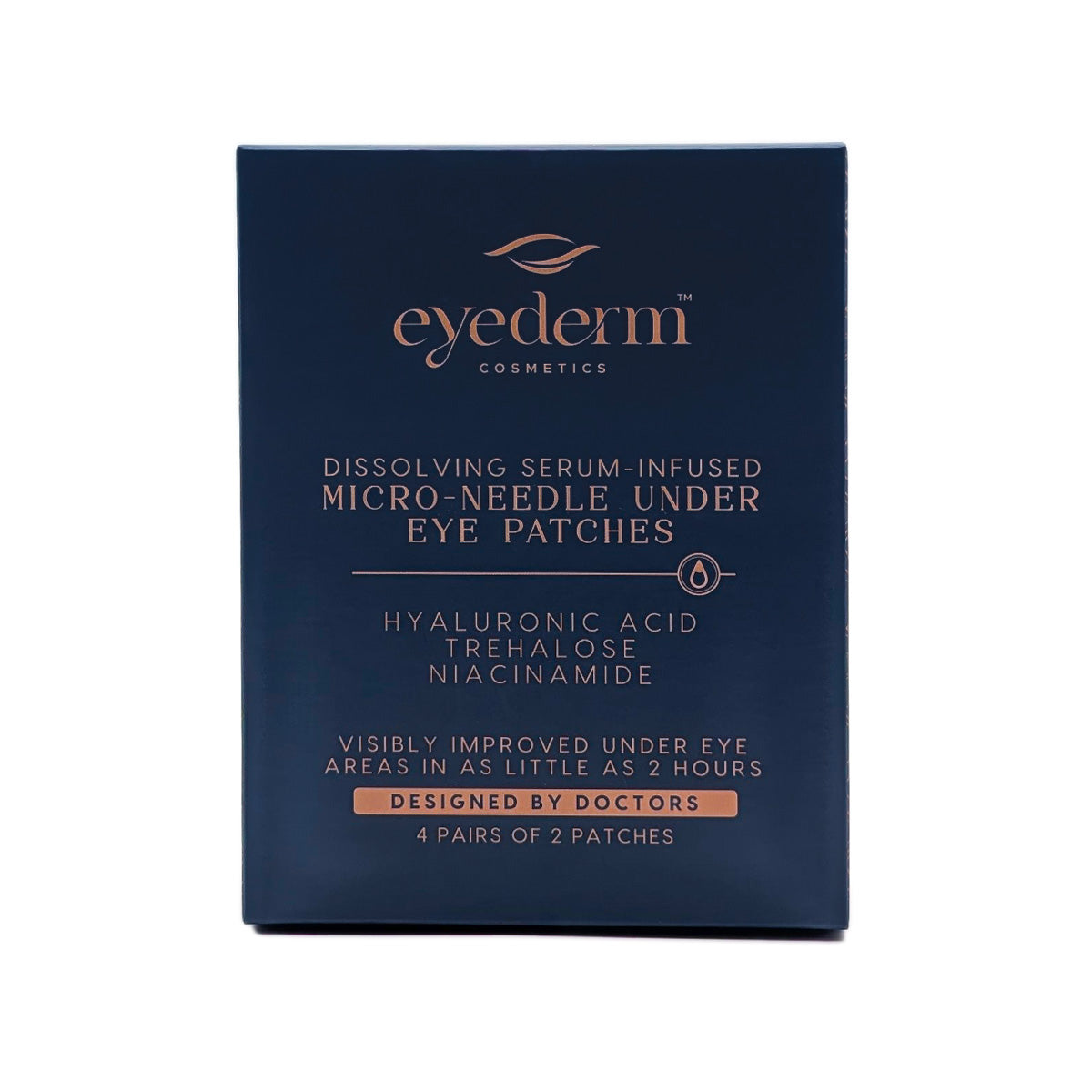 Eyederm cosmetic packaging for dissolving serum-infused micro-needle under eye patches on a white background