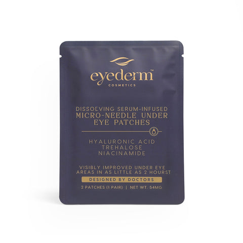 Eyederm cosmetic package for dissolving serum-infused micro-needle under eye patches on a white background