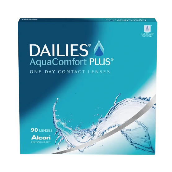 A teal and white box of Alcons Dailies AquaComfort Plus features a water splash design, boasts Blink-Activated Moisture, and includes 90 daily disposable lenses.