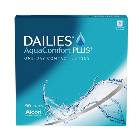 A teal and white box of Alcons Dailies AquaComfort Plus features a water splash design, boasts Blink-Activated Moisture, and includes 90 daily disposable lenses.