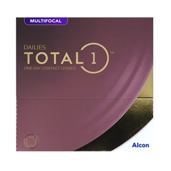 The maroon and gold box of Dailies Total 1 Multifocal (90 Pack) one-day contact lenses features Water Gradient Technology, showcasing both the brand and product name for a stylish and innovative look.