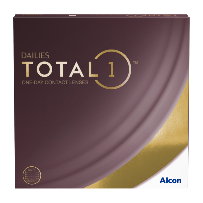 The image displays a dark brown box with gold accents of Dailies Total 1 (90 pack) daily disposable contact lenses. Produced by Dailies, its known for high breathability and features the product name in white and gold lettering.