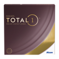 The image displays a dark brown box with gold accents of Dailies Total 1 (90 pack) daily disposable contact lenses. Produced by Dailies, its known for high breathability and features the product name in white and gold lettering.