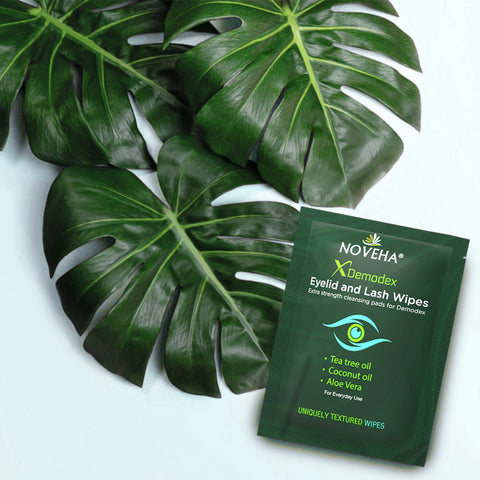 A packet of NOVEHA eyelid and lash wipes rests on a surface with large, green Monstera leaves. The packaging highlights tea tree oil, coconut oil, and aloe vera as key ingredients.