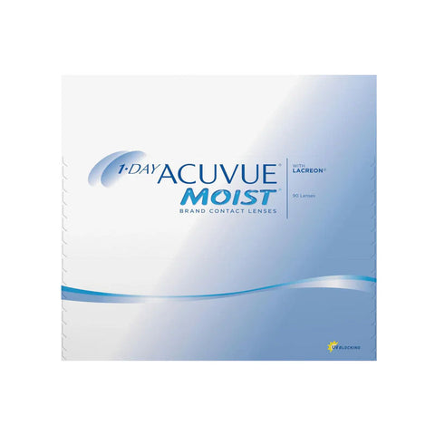 The 1-Day Acuvue Moist (90 Pack) daily contacts come in white packaging with blue accents featuring prominent Acuvue and Moist logos. LACREON® Technology ensures all-day comfort and moisture retention, with each box containing 90 lenses.