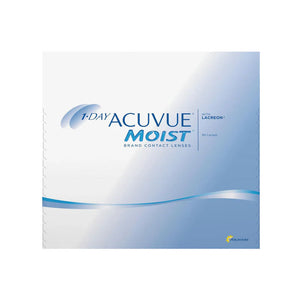 The 1-Day Acuvue Moist (90 Pack) daily contacts come in white packaging with blue accents featuring prominent Acuvue and Moist logos. LACREON® Technology ensures all-day comfort and moisture retention, with each box containing 90 lenses.