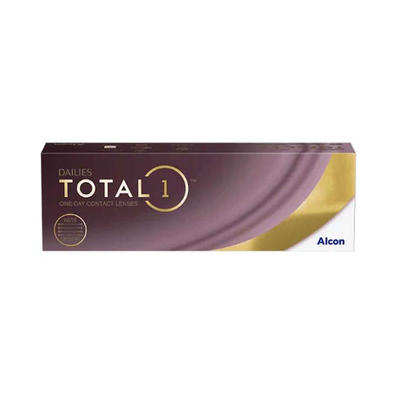 The Dailies Total 1 (30 pack) contact lens box has a sleek brown and gold design, with the brand name, Dailies, in the bottom right corner. These lenses feature SmarTears® Technology for enhanced comfort.