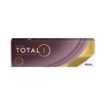 The Dailies Total 1 (30 pack) contact lens box has a sleek brown and gold design, with the brand name, Dailies, in the bottom right corner. These lenses feature SmarTears® Technology for enhanced comfort.
