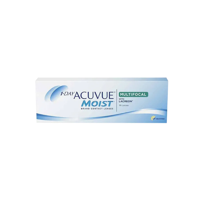 The Acuvue Moist 1-Day Multifocal (30 Pack) features LACREON technology, UV blocker protection, and comes in blue and white packaging displaying the Acuvue brand and product details.