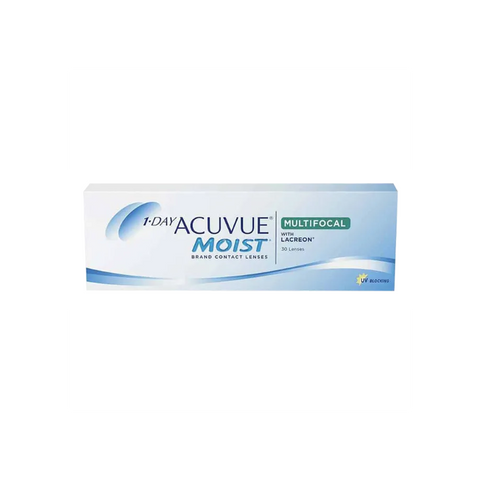 The Acuvue Moist 1-Day Multifocal (30 Pack) features LACREON technology, UV blocker protection, and comes in blue and white packaging displaying the Acuvue brand and product details.