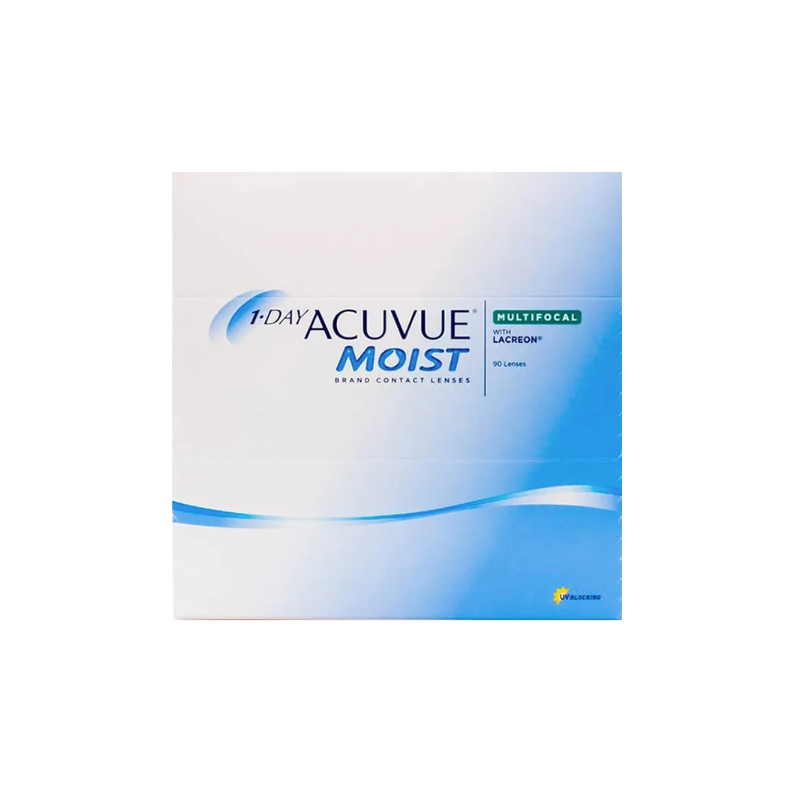 The 1-Day Acuvue Moist Multifocal (90 Pack) for presbyopia features a white box with blue accents. LACREON Technology, the Acuvue logo, and product details are prominently displayed on the front, alongside a small yellow logo in the bottom right corner.