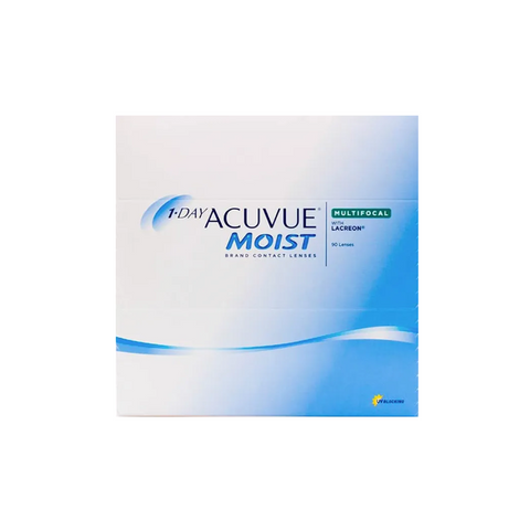 The 1-Day Acuvue Moist Multifocal (90 Pack) for presbyopia features a white box with blue accents. LACREON Technology, the Acuvue logo, and product details are prominently displayed on the front, alongside a small yellow logo in the bottom right corner.