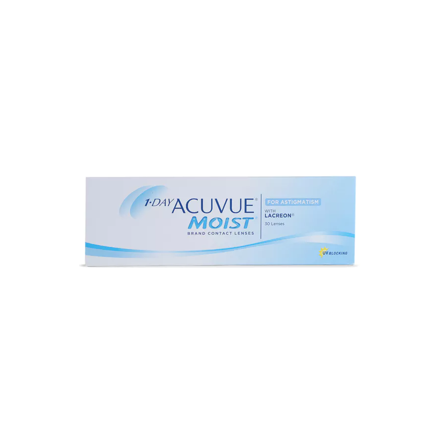 The 1-Day Acuvue Moist for Astigmatism (30 Pack) features BLINK STABILIZED® Design and LACREON® Technology. The predominantly white box, accented with blue, displays the Acuvue logo and includes 30 contact lenses.