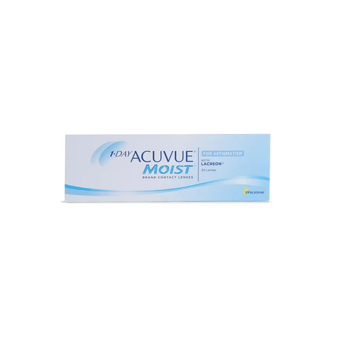 The 1-Day Acuvue Moist for Astigmatism (30 Pack) features BLINK STABILIZED® Design and LACREON® Technology. The predominantly white box, accented with blue, displays the Acuvue logo and includes 30 contact lenses.